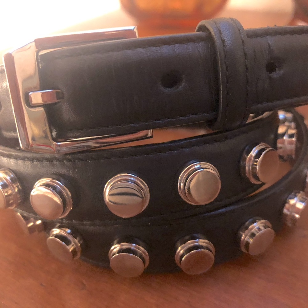 SAINT LAURENT MEN’S CLOUS MONET BLACK LEATHER BELT SILVER STUDS XL SZ 95 - Picture 10 of 14
